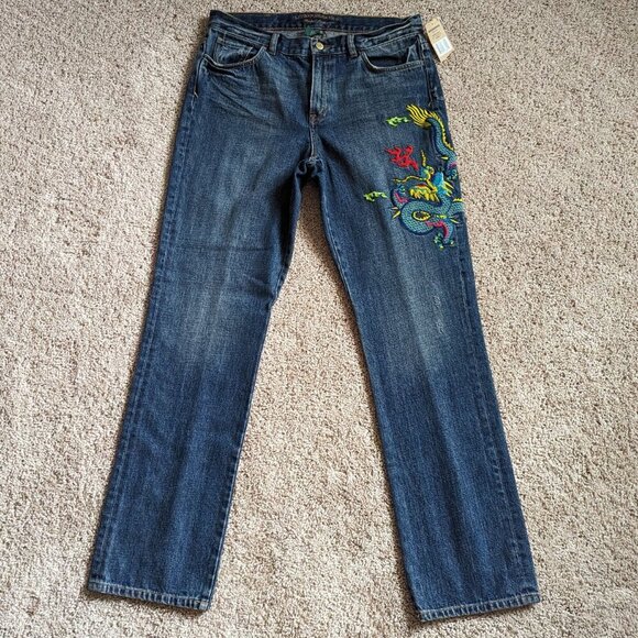 Ralph Lauren Gold Label Jeans Womens 10 Blue Chinese Dragon Embroidered NWT - Picture 1 of 11